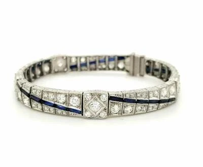 Pulseras hechas a mano Art Deco de circonita cúbica blanca transparente y zafiro azul baguette Foto 1 de 4