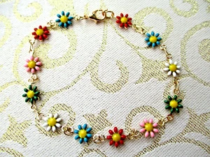 COLOURFUL ENAMEL DAISY FLOWER CHAIN BRACELET 7.5" - Picture 1 of 2
