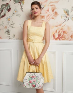 REVIEW Keepsake Lemon Yellow Polka Dot Cotton Fit & Flare Dress Size 12 - Picture 1 of 10