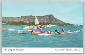 Northwest Orient Airlines Postcard Hawaii People Surfing at Waikiki 1950's - Picture 1 of 4
