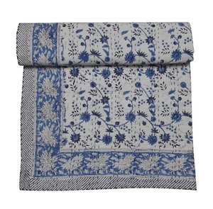 Vintage Hand Block Print Kantha Quilt Bedspread Bedding Throw Cotton Blanket Art - Picture 1 of 5