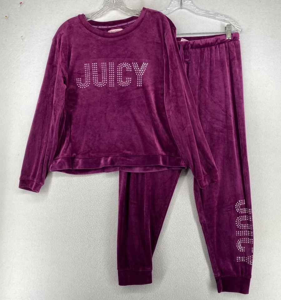 Conjunto de pijama JUICY COUTURE L cravejado veludo lã manga longa top calça roxa - Imagem 1 de 4