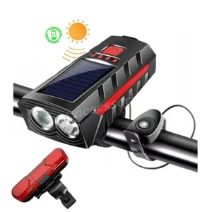 Solar Bike Lights Front & Back USB Rechargeable Bicycle Headlight Tail Lamp+Horn - Picture 1 of 12