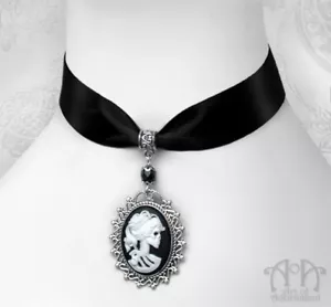Gothic Punk LADY SKELETON SKULL CAMEO SATIN CHOKER Ribbon Necklace Black Pendant - Picture 1 of 3