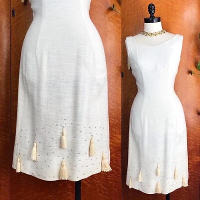 Vestido de lino de boda vintage con borlas de flecos años 50’s estrás años 60’s 60s S M Foto 1 de 4