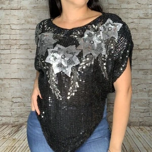 Vintage stark perlenbesetztes Pailletten Top schwarz/silber kultig klassisch 80er Disco Gr. S - Bild 1 von 6