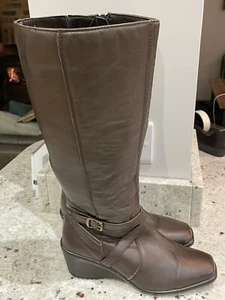 Brown Leather Knee High Boots With Wedge Heel, Size 5 - Picture 1 of 10