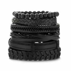 6pcs/set Multilayer Black Leather Bead Bracelet Men Women Wristband Bangle Gifts