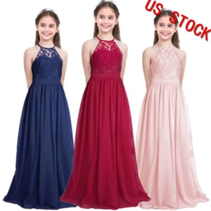 Niñas Elegante Floral Encaje Maxi Vestido Halter Cuello Dama de honor Vestido Vestido de Baile - Imagen 1 de 42