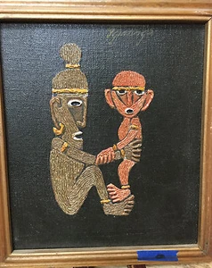 Folk Art Painting T Ginting S Signed Original Dad Bouncing Baby Vintage RARE #E - Picture 1 of 3