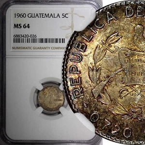 GUATEMALA Silver 1960 5 Centavos NGC MS64 Nice Toned KM# 261 (026) - Picture 1 of 5