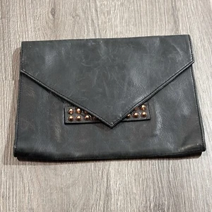 Romy Gold Schwarz Leder Rosegold Nieten Umschlag Clutch Handtasche Geldbeutel - Bild 1 von 7