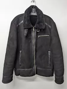 Guess Men's Faux Suede Shearling Aviator Jacket Black Coat Size Large - Picture 1 of 10