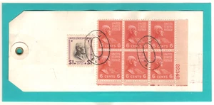 Prexie #811 (6c) Plate Block of 6 with #832 ($1) on Registered Bank Parcel Tag - Picture 1 of 2