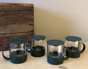 (4) Vintage Stacking Convertible Glass Mugs Removable Dark Green Handles & Lids - Picture 1 of 16