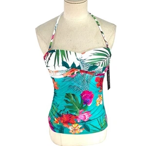 New LA BLANCA Tropicalia Floral TANKINI TOP Size 2 Bright Aqua Multi Tropical - Picture 1 of 6
