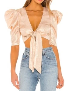 $128 Revolve Lovers & Friends Solane Metálico Talla M Manga Abullonada Corbata Frontal - Imagen 1 de 9