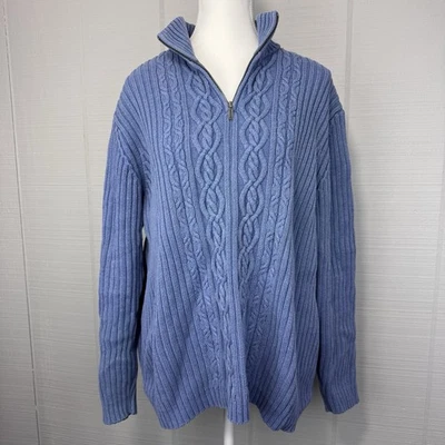Vintage Lands End Blue Cable Knit Quarter Zip Pullover Sweater Mockneck Preppy - Image 1 of 4