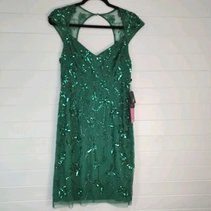 Adrianna Papell Women's Green Beaded Sequin Mesh Above Knee Sheath Dress Size 8  - Picture 1 of 16