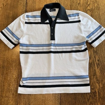 VTG 70s Terry Cloth Polo Shirt Striped Hippie Large Made USA Blue White Puritan - Image 1 of 4