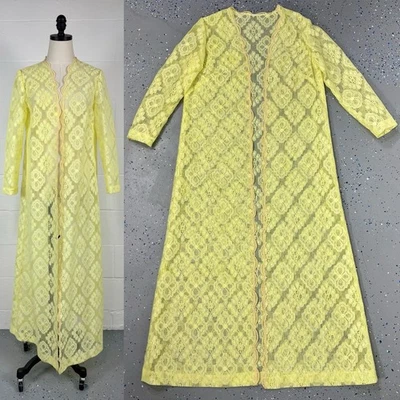 Vintage 60s Sheer Yellow Lace Maxi Duster Scalloped Edges Open Front Coat Medium - Image 1 of 4