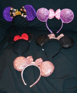 5 Disney Ohren Stirnbänder Minnie/Mickey Pailletten Satin Ohren Einheitsgröße - Bild 1 von 6