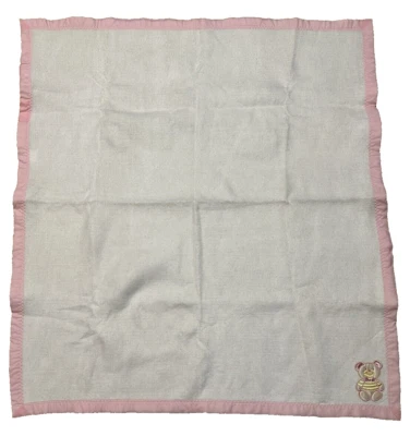 Manta bebé oso borde seda blanco rosa 100 % acrílico vintage hecha en EE. UU. Foto 1 de 4