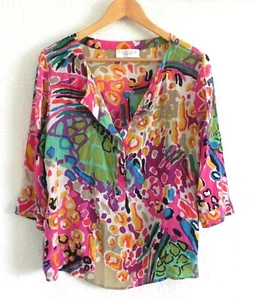Mossique Blouse Tunic 100% Silk 3/4 Sleeve 1/2 Button up Vibrant Color Size M - Picture 1 of 11