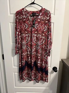 NWT New Directions Red & Navy Blue Paisley Dress Women’s M with Roll Tab Sleeves - Picture 1 of 4