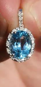 Blue Topaz Labcreated Oval Cut & Diamond Pendant 10KT White Gold - Picture 1 of 12