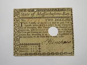 $2 1780 Massachusetts Bay MA Colonial Currency Bank Note Bill! May 5, 1780 RARE - Picture 1 of 2