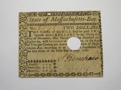 $2 1780 Massachusetts Bay MA Colonial Currency Bank Note Bill! May 5, 1780 RARE - Image 1 of 2