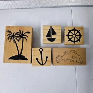 Recollections Wood Stamp Set Nautical Theme Craft Stamps Palm Tree Anchor - Picture 1 of 11