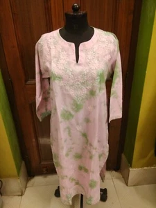 ETHNIC LONG TIE DYE XL 45 TUNIC KURTA CHIKAN EMBROIDERY HANDMADE 100% COTTON TOP - Picture 1 of 6