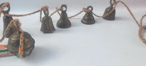 Vintage Boho Etched Brass Bells on Cord, 6 Bells, Wind Chimes - Picture 1 of 11