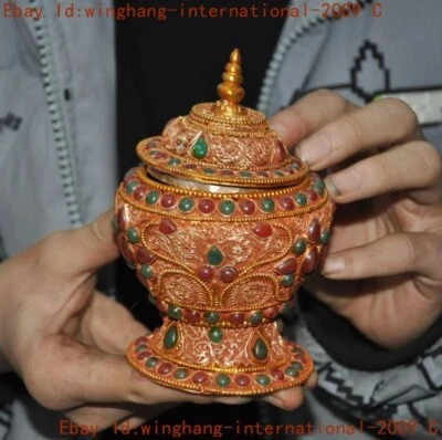 ancient Tibet silver Filigree Inlay gem Tanks Crock tank pot canister jar - Imagem 1 de 4