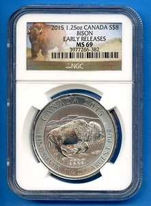 2015 NGC MS69 Canada Bison 1.25oz Fine Silver $8 Coin MS-69 Early Releases  - Picture 1 of 3