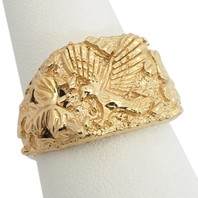 Solid 18K Yellow Gold Large Eagle Leaf Mens Nugget Ring, Size 5 - 15 - Image 1 of 4