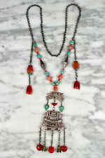 ANTIQUE CHINESE MINORITY CARVED CARNELIAN CORAL TURQUOISE SILVER BELL NECKLACE