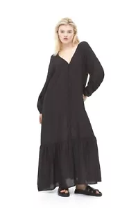 H&M  Dress Women L Black Long Sleeve Maxi Flare Hem Button Front Plunge Neck - Picture 1 of 5