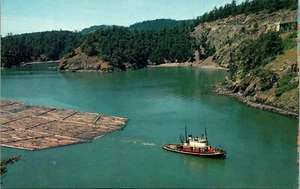 Postkarte Puget Sound Washington Holzfloß und Schlepper auf Puget Sound Vintage UNP - Bild 1 von 2