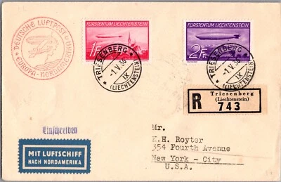 1936 Liechtenstein Triesenberg Zeppelin Hindenburg LZ 129 cubierta a EE. UU. ciudad de Nueva York Foto 1 de 2