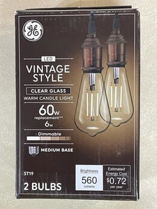 2x Pack GE 60W Vintage Edison Style Filament LED Light Bulb 560 Lumens Dimmable - Picture 1 of 3