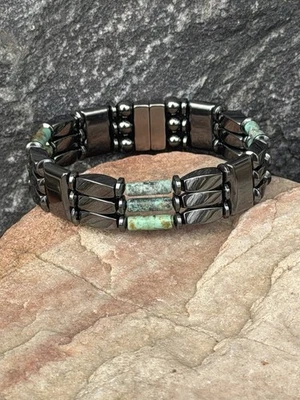 Mens Womens Magnetic Therapy Hematite Bracelet Anklet w African Turquoise 3 Row - Image 1 of 4