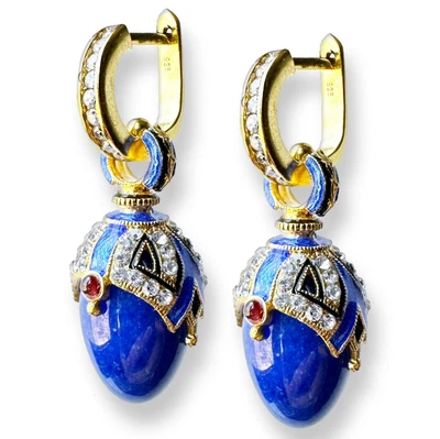 Brincos de ovo Fabergé esterlina 925 lápis azul cristais Swarovski granadas esmaltadas - Imagem 1 de 4