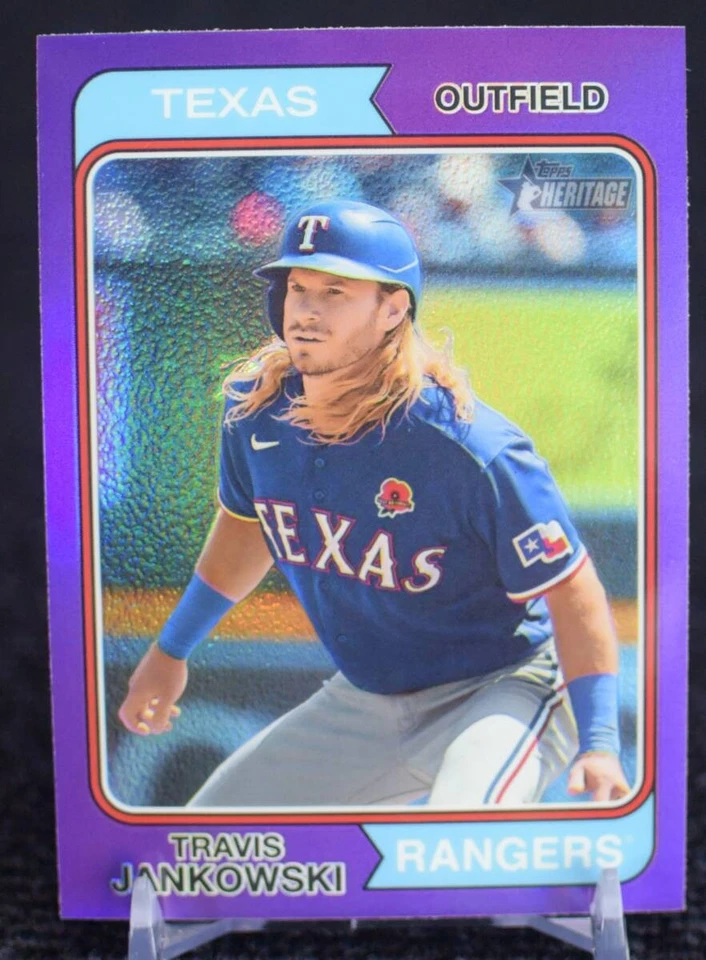 2023 Topps Heritage Chrome Refractor Purple Travis Jankowski MLB Card Texas Rang - Image 1 of 2