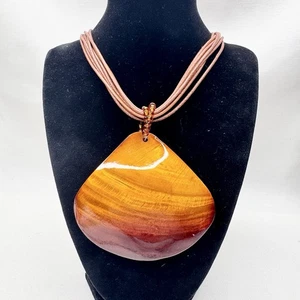 Beachy Coastal Shell Pendant Statement Necklace Multi Strand Leather Amber Brown - Picture 1 of 9