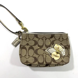 Coach Signature Khaki Canvas Wristlet Floral Design Brown  - Picture 1 of 8
