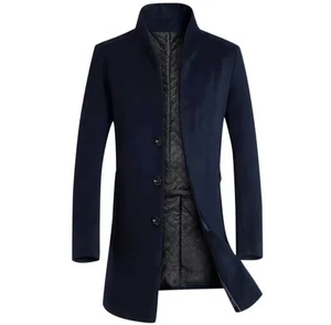 Mens Jacket Woolen Trench Coat Single Breasted Overcoat Long Outwear Winter - Picture 1 of 5