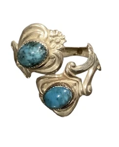 Vtg 925 Sterling Silver Turquoise Spoon Ring, Unique Adjustable Band Fits 7-9 - Picture 1 of 5